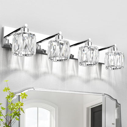 VOLISUN Crystal Vanity Lights - 4 Light Modern Stainless Steel Bathroom Light Over Mirror, Chrome Finish - UL Certificated (Exclude Bulb)