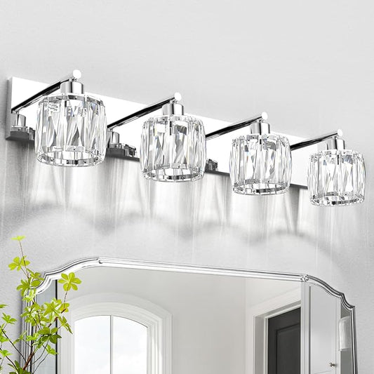 VOLISUN Crystal Vanity Lights - 4 Light Modern Stainless Steel Bathroom Light Over Mirror, Chrome Finish - UL Certificated (Exclude Bulb)