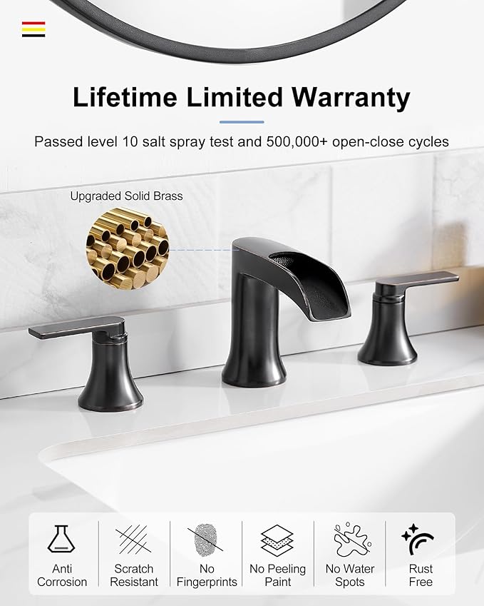 Oil Rubbed Bronze Widespread Waterfall Bathroom Sink Faucet 3 Hole, 4-8 Inch Brass Farmhouse Bathroom Faucets with Pop-up Drain and Supply Lines, 2 Handle for Vanity, Lavatory, Restroom