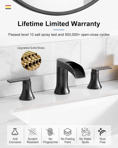 Oil Rubbed Bronze Widespread Waterfall Bathroom Sink Faucet 3 Hole, 4-8 Inch Brass Farmhouse Bathroom Faucets with Pop-up Drain and Supply Lines, 2 Handle for Vanity, Lavatory, Restroom