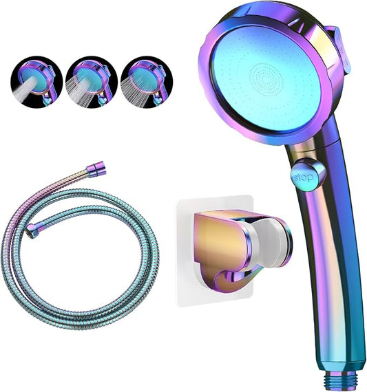 Drill-Free High Pressure Handheld Shower Head with ON/OFF Switch, 3 Spray Modes - Polished Finish, Shower Head (Radiant Rainbow) + Bracket + Hose | 3 Spray Modes with ON/OFF Switch, Detachable Dog Shower Attachment, Pet Shower Wand with Bracket & Hose,...