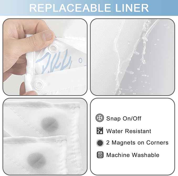 No Hook Shower Curtain and Liner Set for Bathroom, Blue Beach Coastal 71x74 | Nautical Ocean Design, with Snap in Liner Replacement, Mesh Top Window, Waterproof, Machine Washable, Quick-Drying