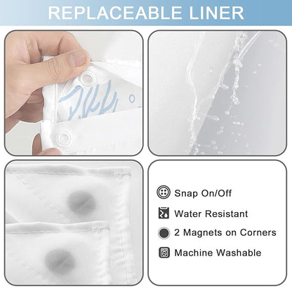 No Hook Shower Curtain and Liner Set for Bathroom, Blue Beach Coastal 71x74 | Nautical Ocean Design, with Snap in Liner Replacement, Mesh Top Window, Waterproof, Machine Washable, Quick-Drying