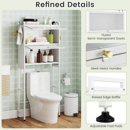 BECOMFORT Over The Toilet Storage Cabinet, Above Toilet Bathroom Shelf with Flip-up PC Doors, Metal Stand & 4 Hooks, Freestanding Space Saver, Over Toilet Bathroom Organizer for Laundry Room (White)