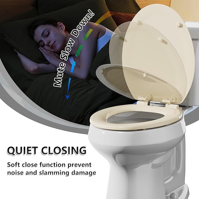 Angol Shiold Quiet-Close Molded Wood Toilet Seat with Non-Slip Adjustable Hinges, Anti-Pinch Bumpers, Easy Install & Clean（Biscuit, Elongated 18.5''）