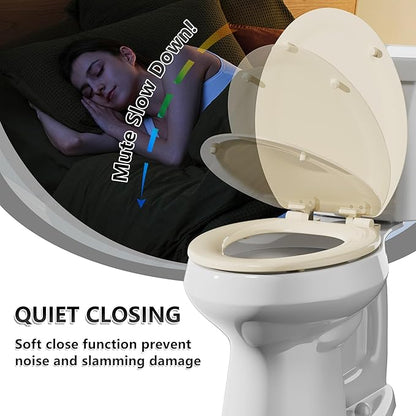 Angol Shiold Quiet-Close Molded Wood Toilet Seat with Non-Slip Adjustable Hinges, Anti-Pinch Bumpers, Easy Install & Clean（Biscuit, Elongated 18.5''）