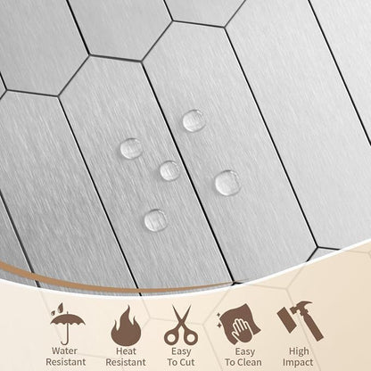 DICOFUN 10 Sheets Brushed Metal Long Hexagon Peel and Stick Backsplash, 12"x12" PVC Stick on Backsplash Wall Tiles for Kitchen and Bathroom
