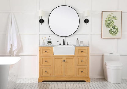 48" Pre-Assembled Bathroom Vanity with Sink, Solid Birch and MDF, Carrara White Marble Countertop Attached, Single Rectangle Porcelain Sink, 6 Soft-Close Drawers, Natural Wood