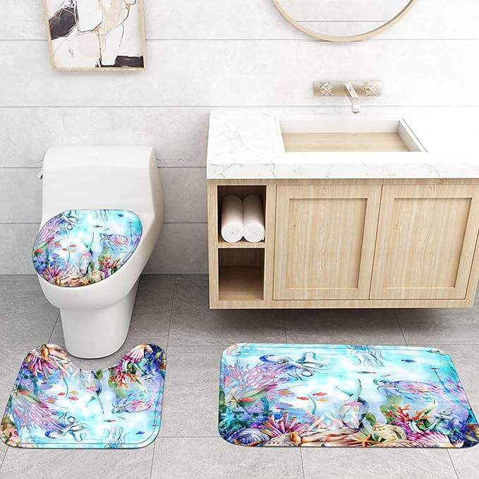 4-Piece Blue Ocean Seaworld Shower Curtain Set Marine Life Bathroom Set with Shower Curtain and Rugs, Octopus Turtle Coral Seagrass Seaworld Bath Curtain with Hooks for Home Decor