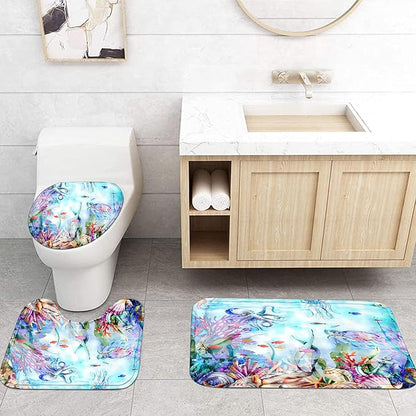 4-Piece Blue Ocean Seaworld Shower Curtain Set Marine Life Bathroom Set with Shower Curtain and Rugs, Octopus Turtle Coral Seagrass Seaworld Bath Curtain with Hooks for Home Decor