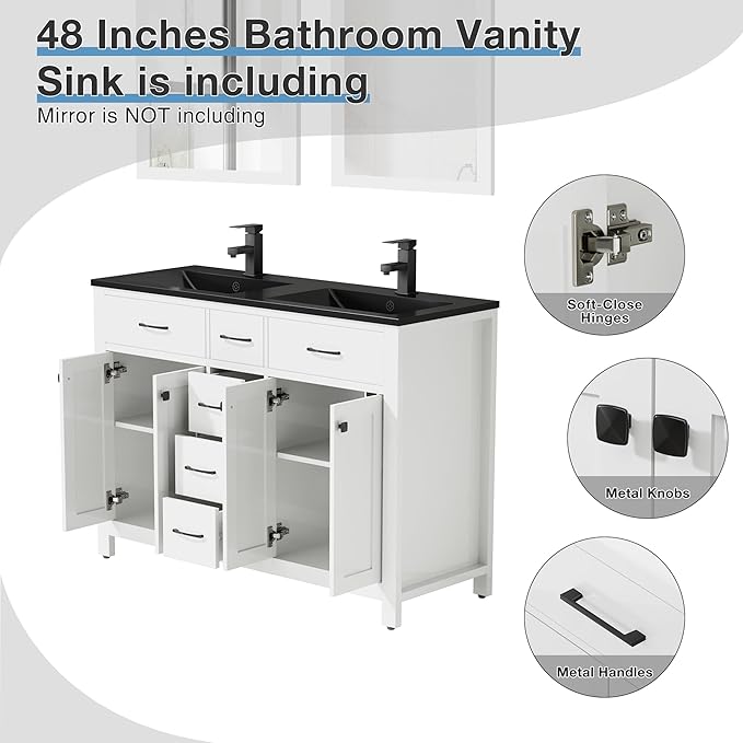 LUCKWIND 48" Modern Bathroom Vanity and Black Sink, Painted Bathroom Storage Cabinet with Double Black Sink, Four Doors and Three Drawers, Include Faucet Without Mirror, White