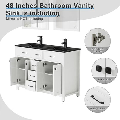 LUCKWIND 48" Modern Bathroom Vanity and Black Sink, Painted Bathroom Storage Cabinet with Double Black Sink, Four Doors and Three Drawers, Include Faucet Without Mirror, White