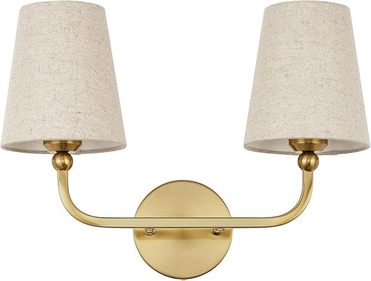 2-Light Bathroom Light Fixtures, Brushed Gold Vanity Lights, Double Wall Sconce with Brown Fabric Shade, Modern Sconces Wall Lighting for Hallway Bedroom Stairway, VL837-BG-L-2