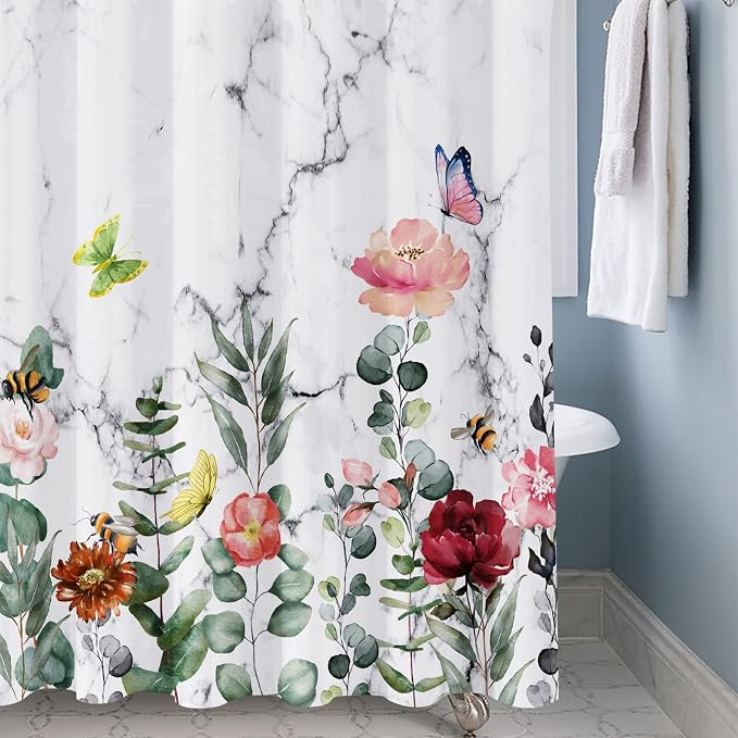 Floral Shower Curtain, Marble Flower Shower Curtains for Bathroom, Watercolor Plant Bathroom Curtain, Fabric Shower Curtains for Home Hotels Bathtubs Decor Easy Care Machine Washable 72x72