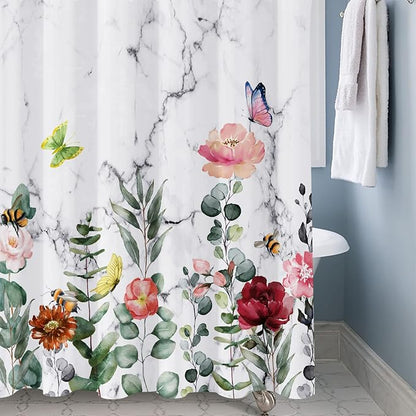 Floral Shower Curtain, Marble Flower Shower Curtains for Bathroom, Watercolor Plant Bathroom Curtain, Fabric Shower Curtains for Home Hotels Bathtubs Decor Easy Care Machine Washable 72x72