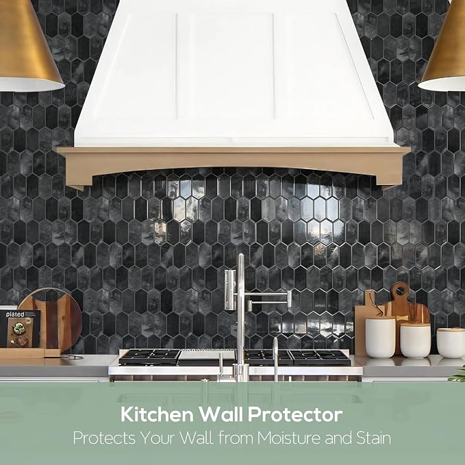 Vamos Tile Thicker Design Long Hexagon Peel and Stick Backsplash Tile | 10-Sheet Shiny Black with Dark Grey Grout Self Adhesive Wall Tiles Stick On Backsplash for Kitchen Bathroom RV Fireplace