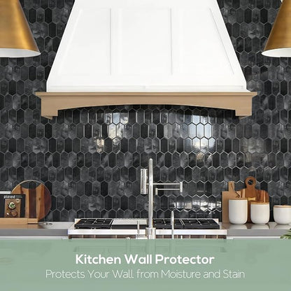 Vamos Tile Thicker Design Long Hexagon Peel and Stick Backsplash Tile | 10-Sheet Shiny Black with Dark Grey Grout Self Adhesive Wall Tiles Stick On Backsplash for Kitchen Bathroom RV Fireplace