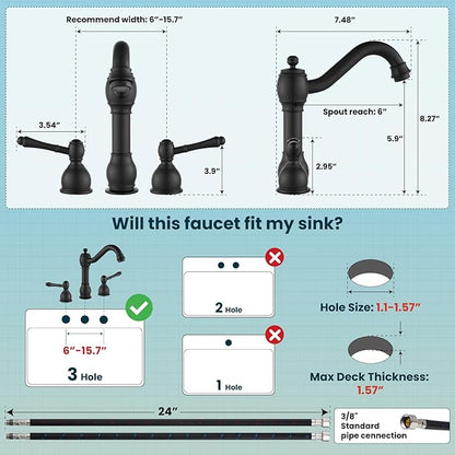gotonovo 8 Inch Widespread Bathroom Faucets for Sink 3 Hole 2 Lever Handle Deck Mount with Pop Up Drain Hot and Cold Water Supply Lines Matte Black