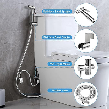 Handheld Toilet Bidet Sprayer 2 Pack, Water Pressure Adjustable Sprayer with Hose and 7/8 "T-valve, Jet Spray and Soft Spray, for Toilet, Bidet, Shower etc., Stainless Steel, Silver