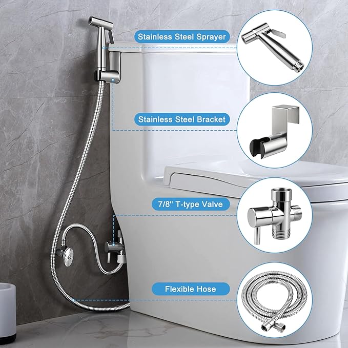 Handheld Toilet Bidet Sprayer, Water Pressure Adjustable Sprayer with Hose and 7/8 "T-Valve, Jet Spray and Soft Spray, for Toilet, Bidet, Shower etc., Stainless Steel, Silver