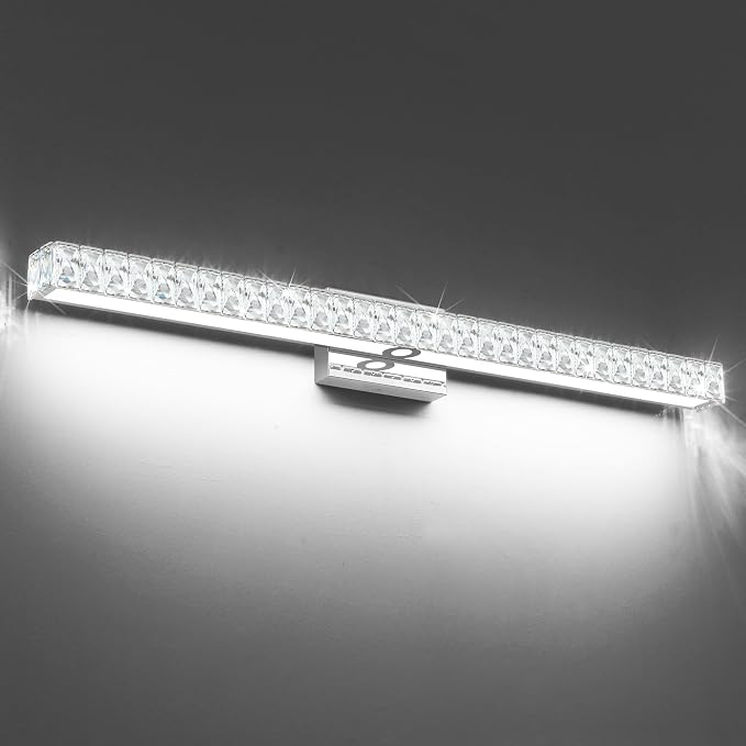 SOLFART LED Modern Bathroom Vanity Lights Over Mirror, Crystal Bathroom Light Fixtures, 40 Inch LED Chrome Vanity Light Wall Light