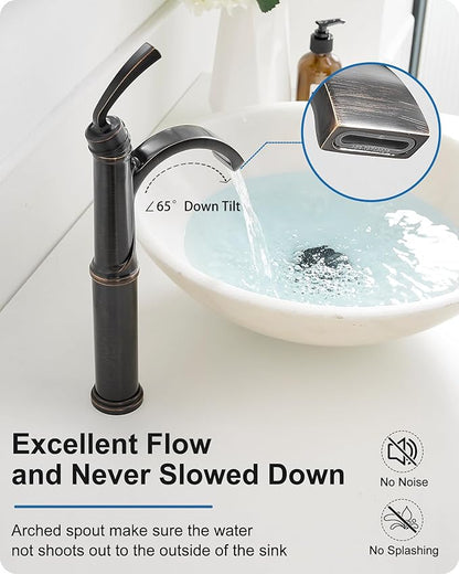 Waterfall Vessel Sink Faucet Oil Rubbed Bronze, Brass Tall Bathroom Faucet with Pop-up Drain, cUPC Supply Hoses, Single Handle for Vanity, Farmhouse, 1 Hole Vessel Sink, 5 Mins Quick Install