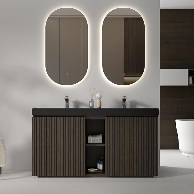 60" Bathroom Vanity with Double Sink, Freestanding Double Sink Bathroom Vanity with Black Engineered Stone Top, Open Storage Cabinet & Adjustable Shelf, 4 Soft-Closing Doors, Smoked Oak Brown
