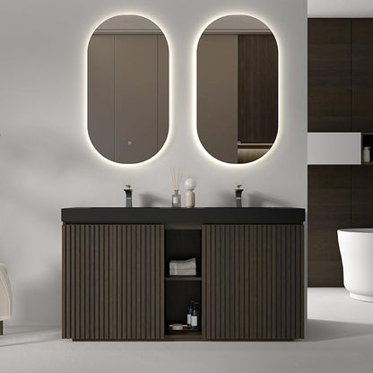 60" Bathroom Vanity with Double Sink, Freestanding Double Sink Bathroom Vanity with Black Engineered Stone Top, Open Storage Cabinet & Adjustable Shelf, 4 Soft-Closing Doors, Smoked Oak Brown