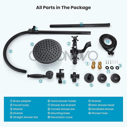 gotonovo Exposed Bathroom Shower Faucet Wall Mounted Shower System 8 Inch Shower Head and Tub Spout Double Cross Handles Adjustable Handheld Sprayer Curved Pipe Oil Rubbed Bronze