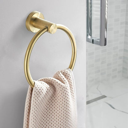 4 Pieces Brushed Gold Bathroom Hardware, Accessories Set Includes 15 to 24 Inch Adjustable Towel Bar Double Post Toilet Paper Holder Towel Ring Robe Hook Wall Mount Hand Towel Holder