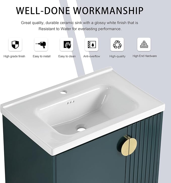28 Inch Bathroom Vanity with Sink, 28" Floating Vanity with White Glossy Ceramic Sink, Plywood Wooden Bathroom Cabinet with Soft-Close Doors, Modern Wall Mounted Cabinet Set (Green)