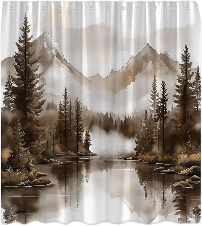 Brown Misty Forest Shower Curtain Mountain Foggy Pine Trees Landscape Watercolor Jungle Plant Rustic Nature Scenery Lake Fabric Bathroom Curtain Set with Hook