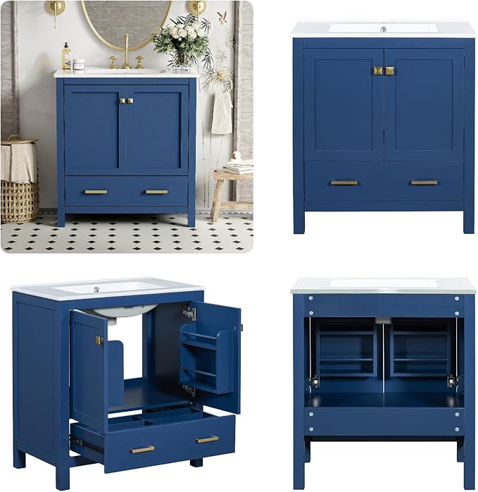 30" Freestanding Bathroom Vanity with Sink, Floor Stand Bathroom Storage Cabinet with Ceramic Sink, Doors with Double-Layered Storage Shelves, Modern Compact Vanity with Divided Drawer, Blue