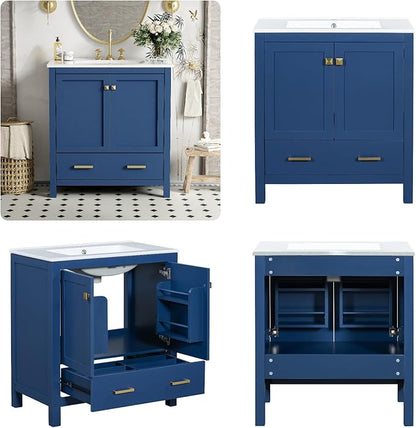 30" Freestanding Bathroom Vanity with Sink, Floor Stand Bathroom Storage Cabinet with Ceramic Sink, Doors with Double-Layered Storage Shelves, Modern Compact Vanity with Divided Drawer, Blue