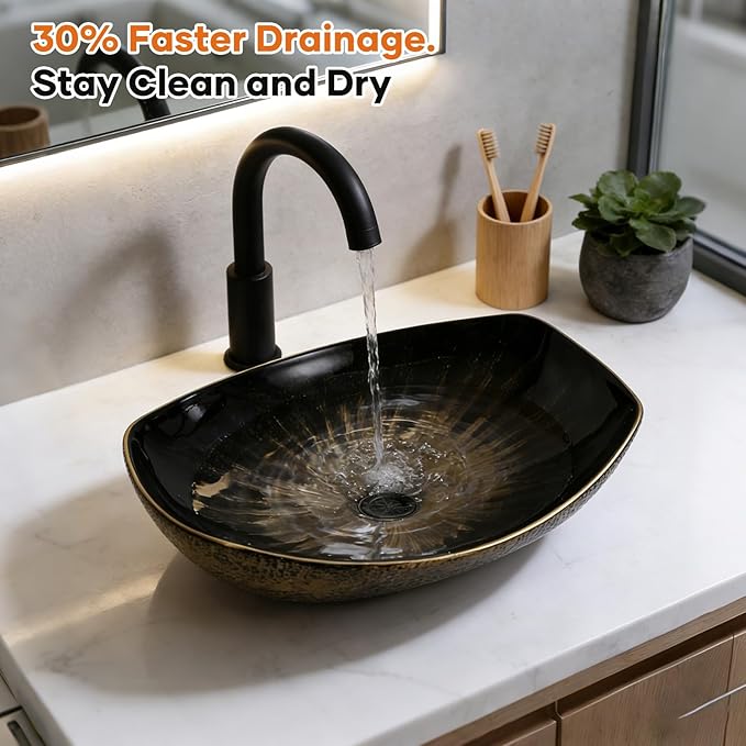 Vessel Sink 22"X16" Round Bathroom Sinks Above Counter, Countertop Bathroom Vessel Sinks, Black Modern Ceramic Vanity Sink