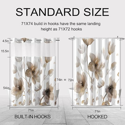 No Hook Shower Curtain and Liner Set, Brown Boho Floral 71x74 | Watercolor Boho Flower, with Snap in Liner, Waterproof, Machine Washable, Quick-Drying, for Hotel Bathroom