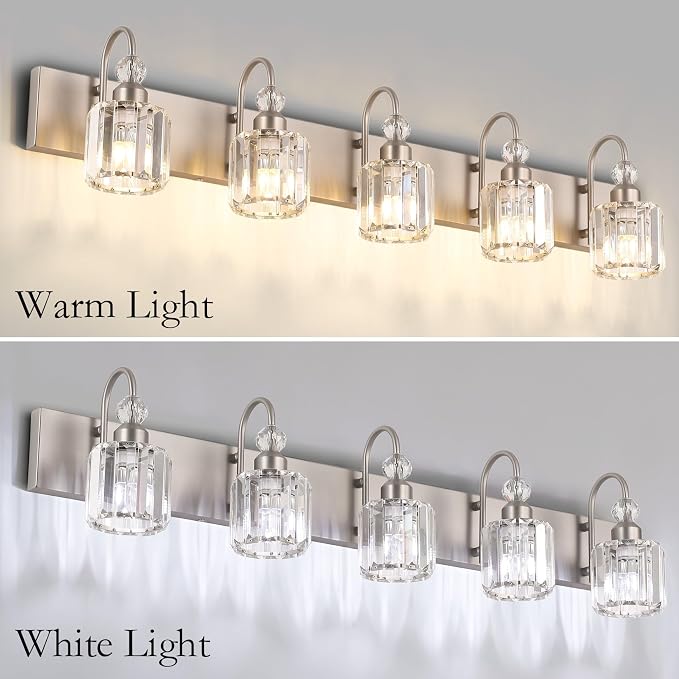 Ralbay Crystal Bathroom Vanity Light Brushed Nickel Modern 5 Light Bathroom Wall Lighting Fixtures Over Mirror