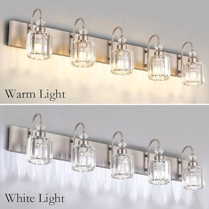 Ralbay Crystal Bathroom Vanity Light Brushed Nickel Modern 5 Light Bathroom Wall Lighting Fixtures Over Mirror
