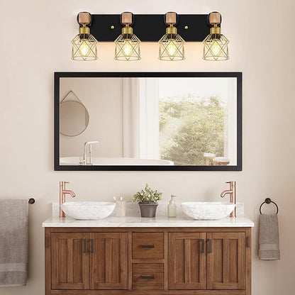 FadimiKoo Farmhouse Bathroom Vanity Light Fixtures, 4-Light Wood Bathroom Lighting Over Mirror, Rustic Black Gold Sconces Wall Lighting with Metal Lampshade for Living Room, Bedroom, Hallway