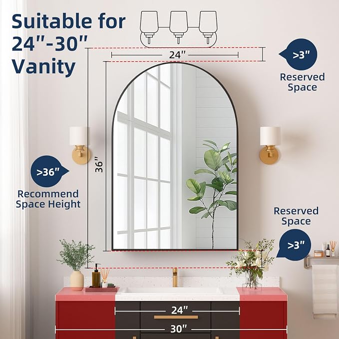 Medicine Cabinets for Bathroom, Black Arched Medicine Cabinet Recessed or Surface Wall-Mounted,Modern Bathroom Vanity Mirror with Storage, Mirrored Cabinet with Adjustable Shelves,24x36 Inch