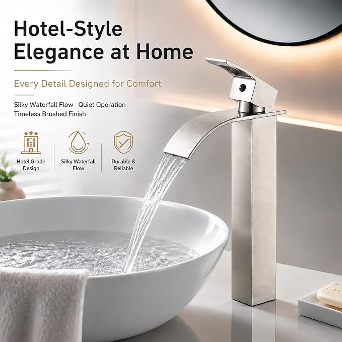 VOTON Vessel Sink Faucet Brushed Nickel Modern Tall Waterfall Bathroom Sink Faucet with Pop-Up Drain Single Handle Bathroom Faucet 1 Hole Bowl Lavatory Vanity Faucet, Rv Sink Camper Farmhouse Faucet