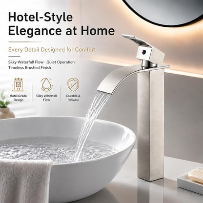 VOTON Vessel Sink Faucet Brushed Nickel Modern Tall Waterfall Bathroom Sink Faucet with Pop-Up Drain Single Handle Bathroom Faucet 1 Hole Bowl Lavatory Vanity Faucet, Rv Sink Camper Farmhouse Faucet