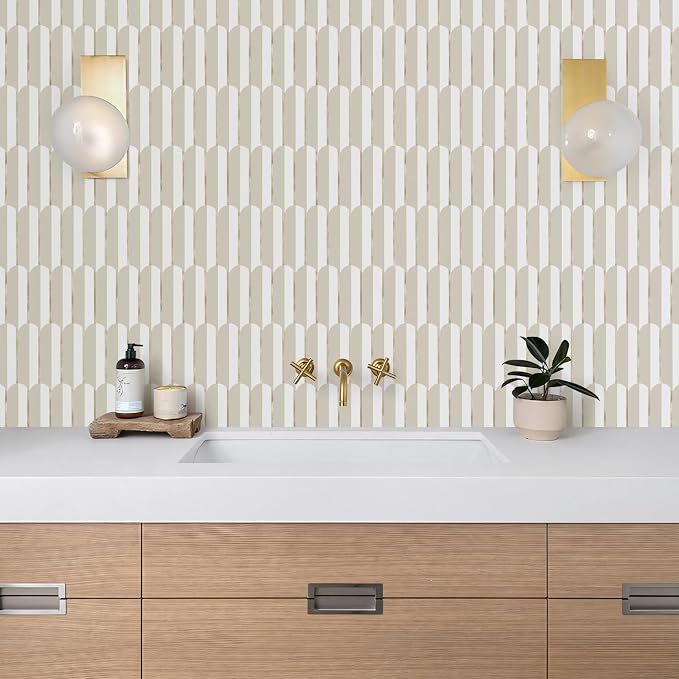 Vamos Tile Peel and Stick Backsplash Seamless Tile,PVC+Gold,Matt,10-Sheet | 11.9''x10.8'',White & Beige Self Adhesive Fish Scale Stick on Backsplash Tile for Kitchen & Bathroom & Laundry & Camper