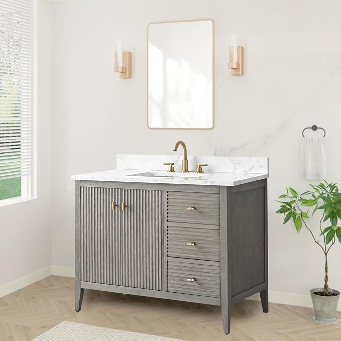 HOMEBEYOND 42" Bathroom Vanity with Sink, Solid Wood Bathroom Vanity Free-Standing Cabinet, Drawers, Ceramic Top & Soft Closing Door, Golden Brushed Handware, Driftwood Gray