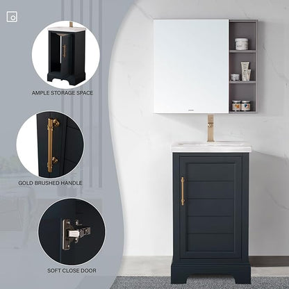 HOMEBEYOND 20 Inch Bathroom Vanity with Single Sink & Ceramic Top, Vanity Cabinet with Center Countertop Basin, Soft-Closing Doors, Vintage Spruce Blue