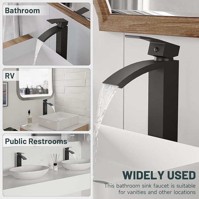 Matte Black Vessel Sink Faucet, Waterfall Bathroom Faucets | Brass, Tall Spout, Single Handle 1 Hole Bathroom Faucet, Modern Basin Taps with Supply Line, Pop Up Drain, Without Overflow