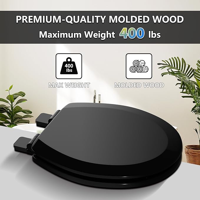 Angol Shiold Quiet-Close Molded Wood Toilet Seat with Non-Slip Adjustable Hinges, Anti-Pinch Bumpers, Easy Install & Clean（Black, Round 16.5''）