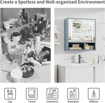 Bathroom Medicine Cabinet with Mirror, Lighted Storage Cabinet Wall Mounted with Doors & Adjustable Wood Shelf, Modern Bathroom Mirror with LED Lights Defogger for Makeup Laundry/Living Room, Grey