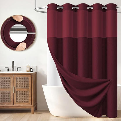 Burgundy Ringless Linen Look Shower Curtain with Snap in Liner, 72x75 | 3 in 1 Hotel Shower Curtain Set, Removable Liner, Waterproof & Washable, Mesh Top Window, Durable Fabric, Easy to Install