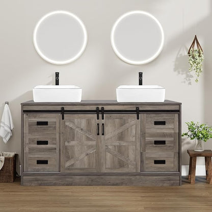 60" Barn Door Bathroom Vanity with 6 Drawers and Two Doors, Farmhouse Style Standing Pedestal Cabinet Without Sink